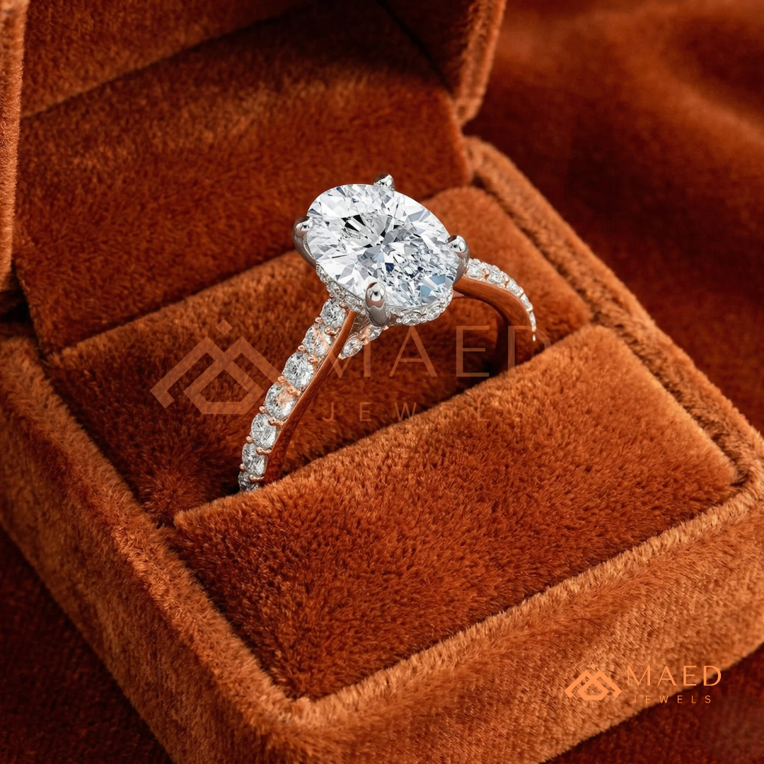 Oval Cut Moissanite Engagement Ring | 14K Gold, Rose Gold & Silver Pave Band