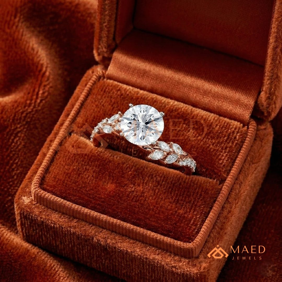 Round Cut Moissanite Nature Inspired Engagement Ring in 925 Sterling Silver, 14K Gold & 14K Rose Gold | Marquise Leaf Cluster Twisting Wedding Ring