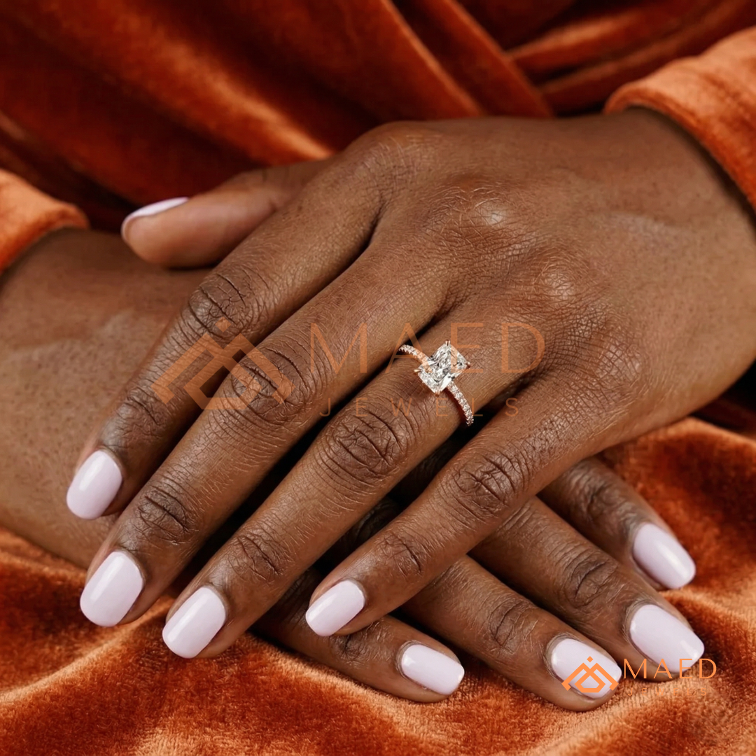 Radiant Cut Moissanite Engagement Ring in Sterling Silver, 14K White Gold & Rose Gold | Hidden Halo Diamond Band For Women