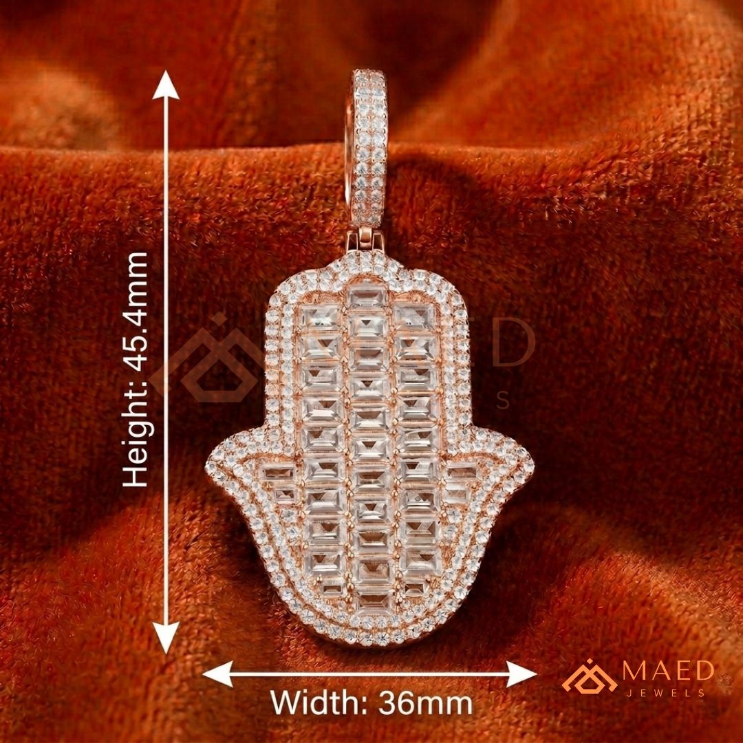 Iced Out Emerald Cut Hamsa Pendant | Sterling Silver, 14K Gold & Rose Gold