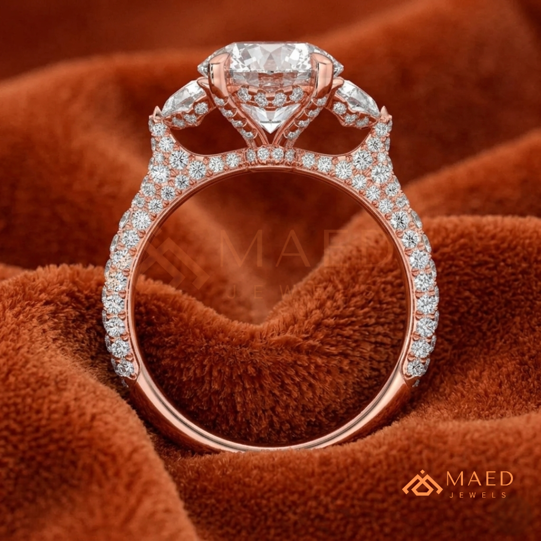 Round Brilliant and Half Moon Three Stone Ring | Multi-Row Pavé Band in 14k Gold & Silver