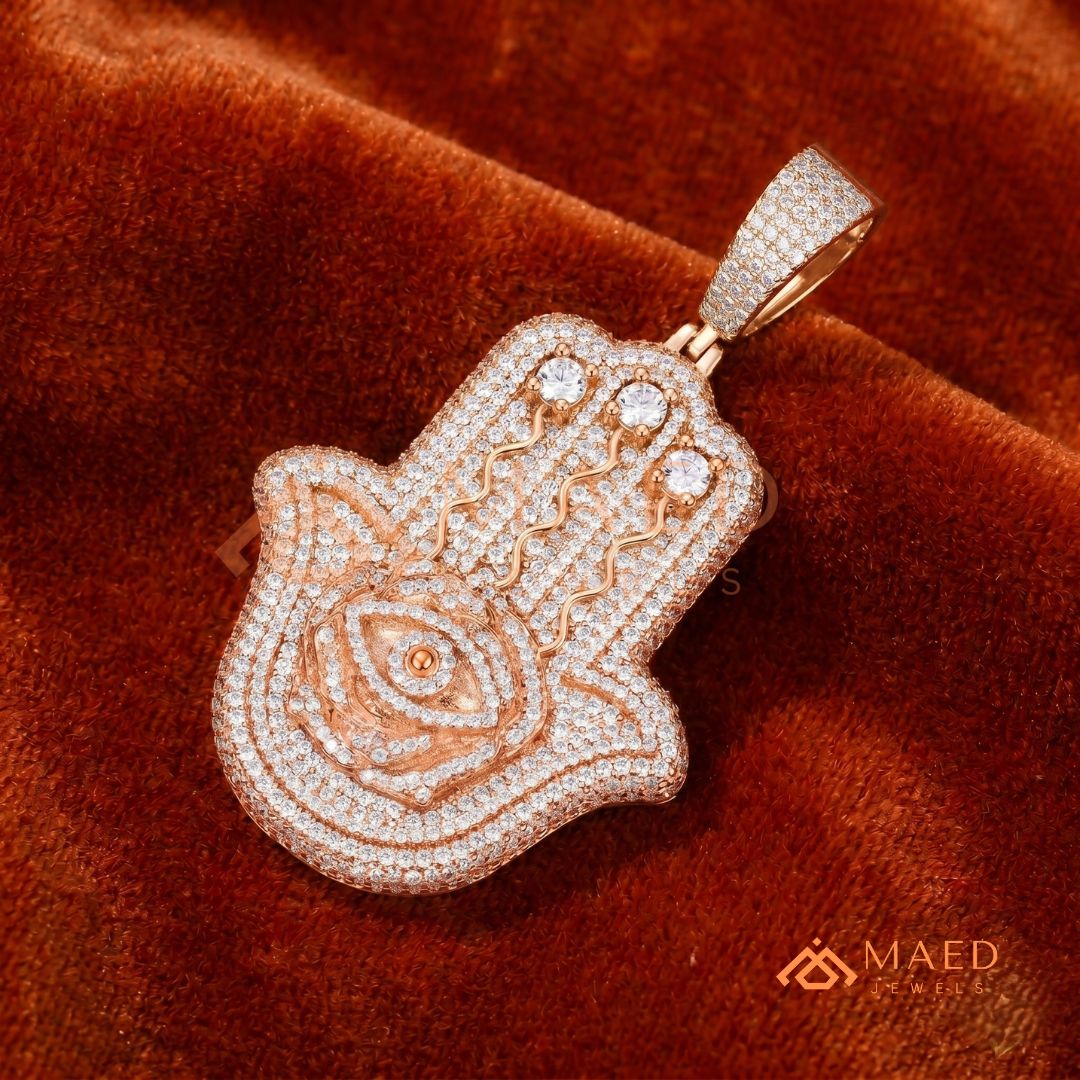 Iced Out Hamsa & Evil Eye Protective Pendant – Symbolic Statement Medallion