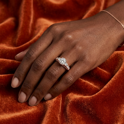 Round-Cut Three-Stone Engagement Ring with Milgrain Channel-Set Band