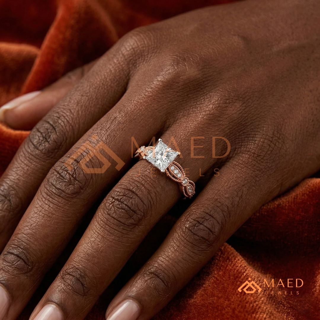 Princess Cut Vintage Engagement Ring in 14K Gold, Rose Gold & Silver | Antique Milgrain Pave Moissanite Ring for Women