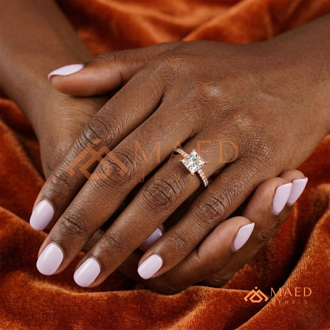 Princess Cut Engagement Ring with Pavé Band | 14k Gold, Rose Gold & Silver