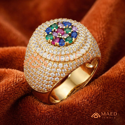 Heavy Multi-Color Iced Medallion Ring – 925 Silver, 14K Gold & Rose Gold