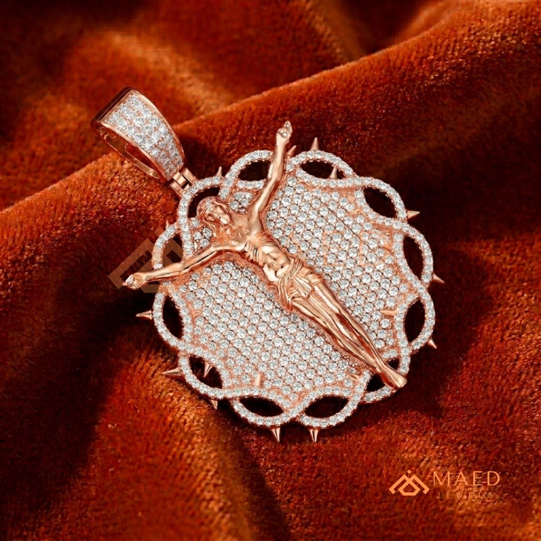 Iced Out Crown of Thorns Jesus Piece Pendant - Available in Silver, 14K Gold & 14K Rose Gold