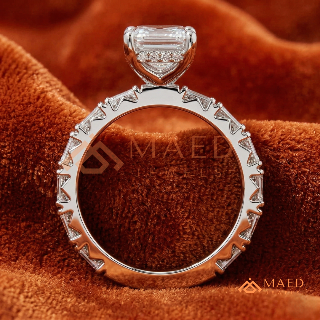 Classic Emerald Cut Solitaire Ring with Emerald Band Eternity Shank