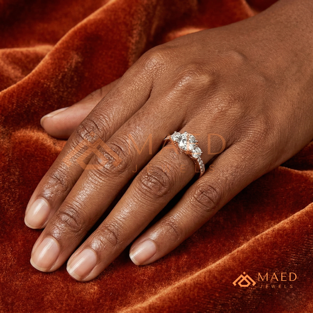 Round Cut 3-Stone Engagement Ring in 14K Gold, Rose Gold & Silver | Classic Three Stone Pave Moissanite Ring for Women