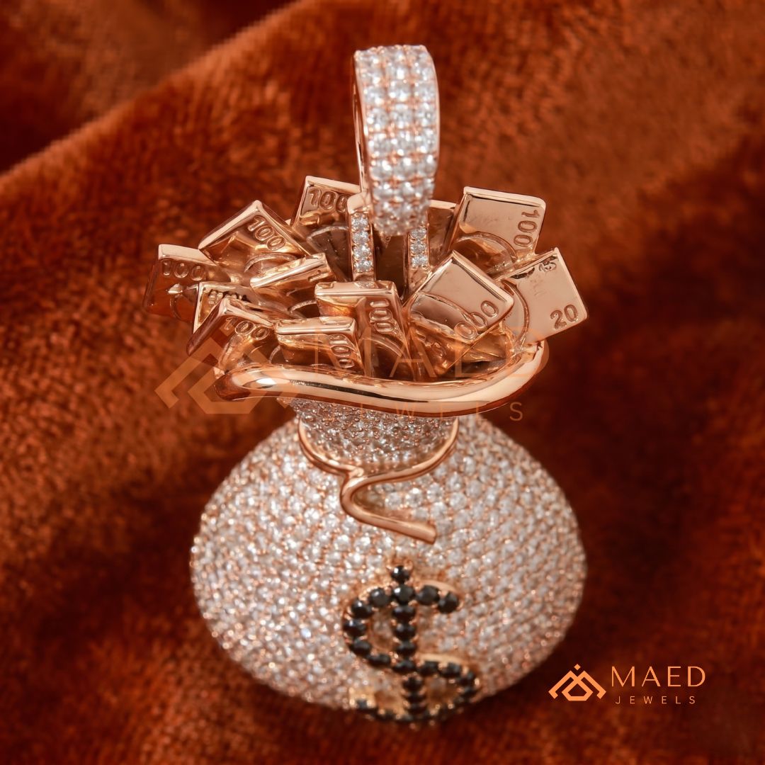 Iced Out Money Bag Pendant with Dollar Sign in Silver, 14K Yellow & Rose Gold