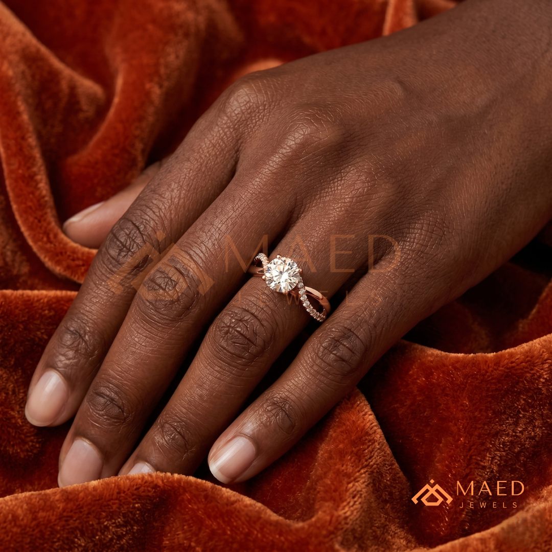 Round Cut Twisted Vine Engagement Ring in 14K Gold, Rose Gold & Sterling Silver | Infinity Pave Wedding Band