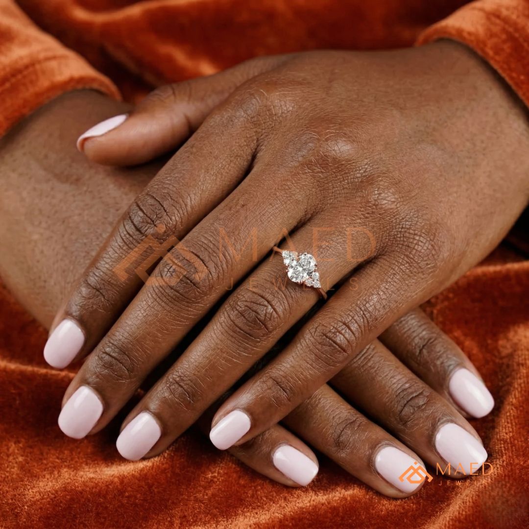 Oval Cut Engagement Ring with Round Cluster Side Stones | 14k Gold, Rose Gold & Silver