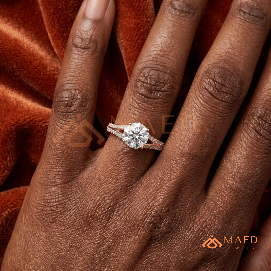 Round Brilliant Cut Split Shank Cathedral Engagement Ring in 14K Gold, Rose Gold & Silver | Vintage-Inspired Pave Accent Ring for Women