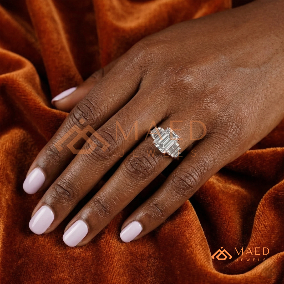 Radiant Cut Rectangular Halo Ring with Dome Triple-Row Pavé Band
