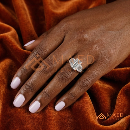 Radiant Cut Rectangular Halo Ring with Dome Triple-Row Pavé Band