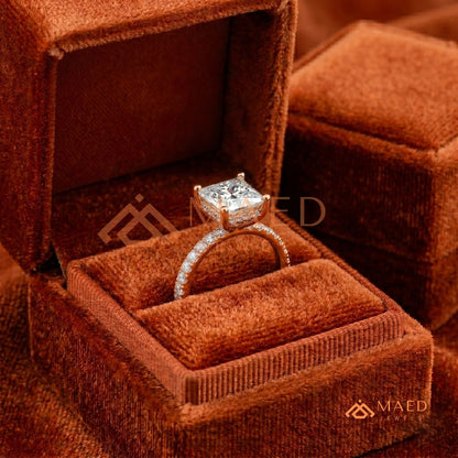 Classic Princess Cut Solitaire Engagement Ring with Hidden Halo and Pave Band in Silver, 14K Gold & Rose Gold