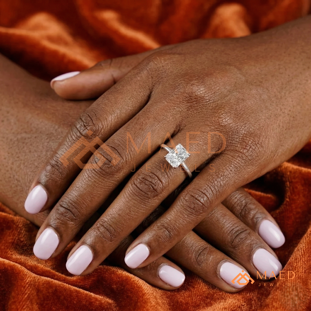 Classic Radiant Cut Solitaire Engagement Ring with Hidden Halo in Silver, 14K Gold & Rose Gold