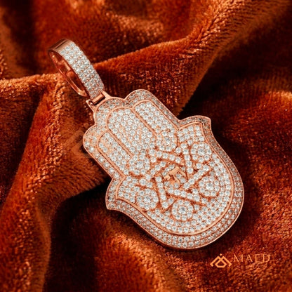 Iced Out Hamsa & Star of David Pendant with Chai Symbol - Sterling Silver, 14K Gold & Rose Gold