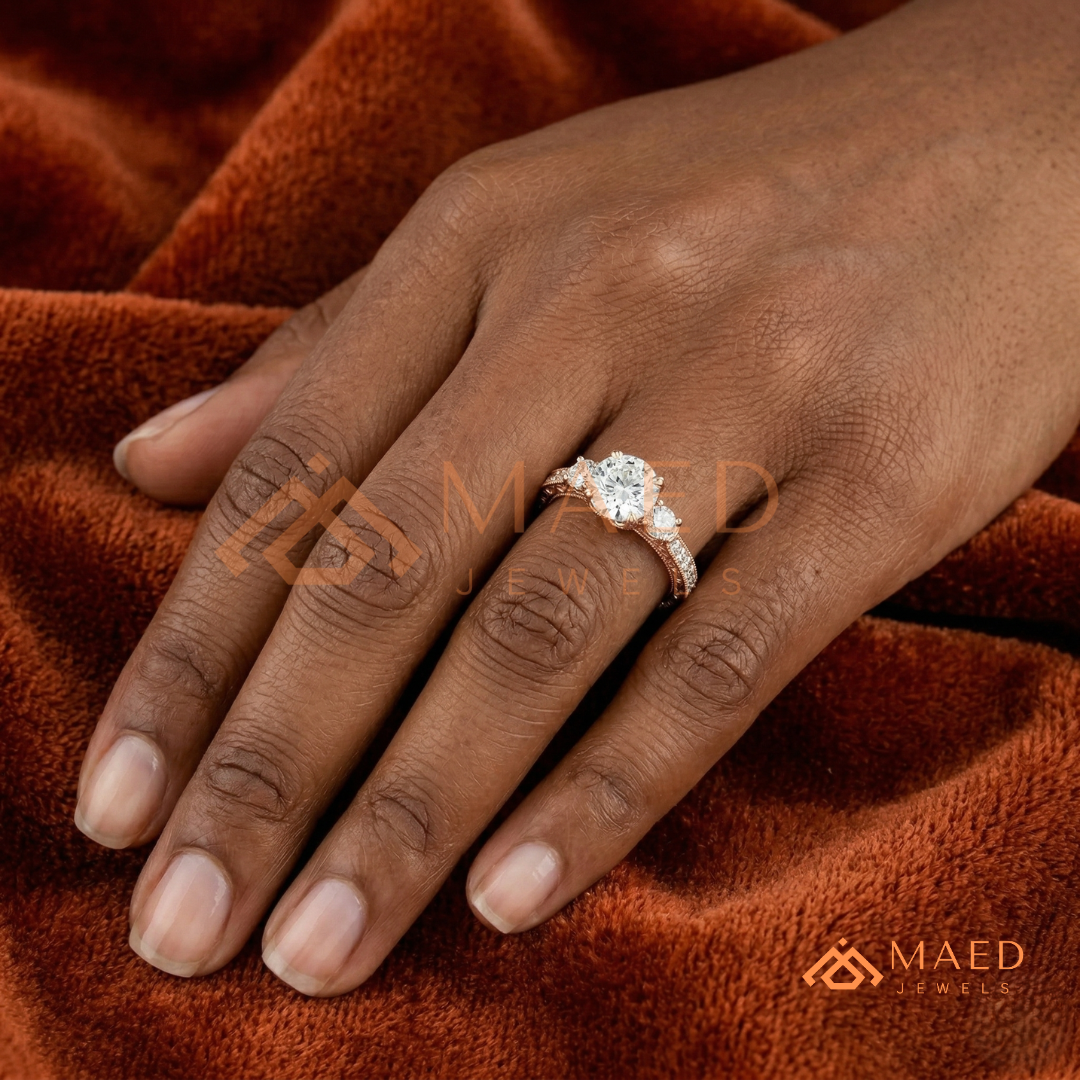 Vintage 3-Stone Round Engagement Ring in 14K Gold, Rose Gold & Silver | Antique Milgrain Pave Moissanite Ring for Women