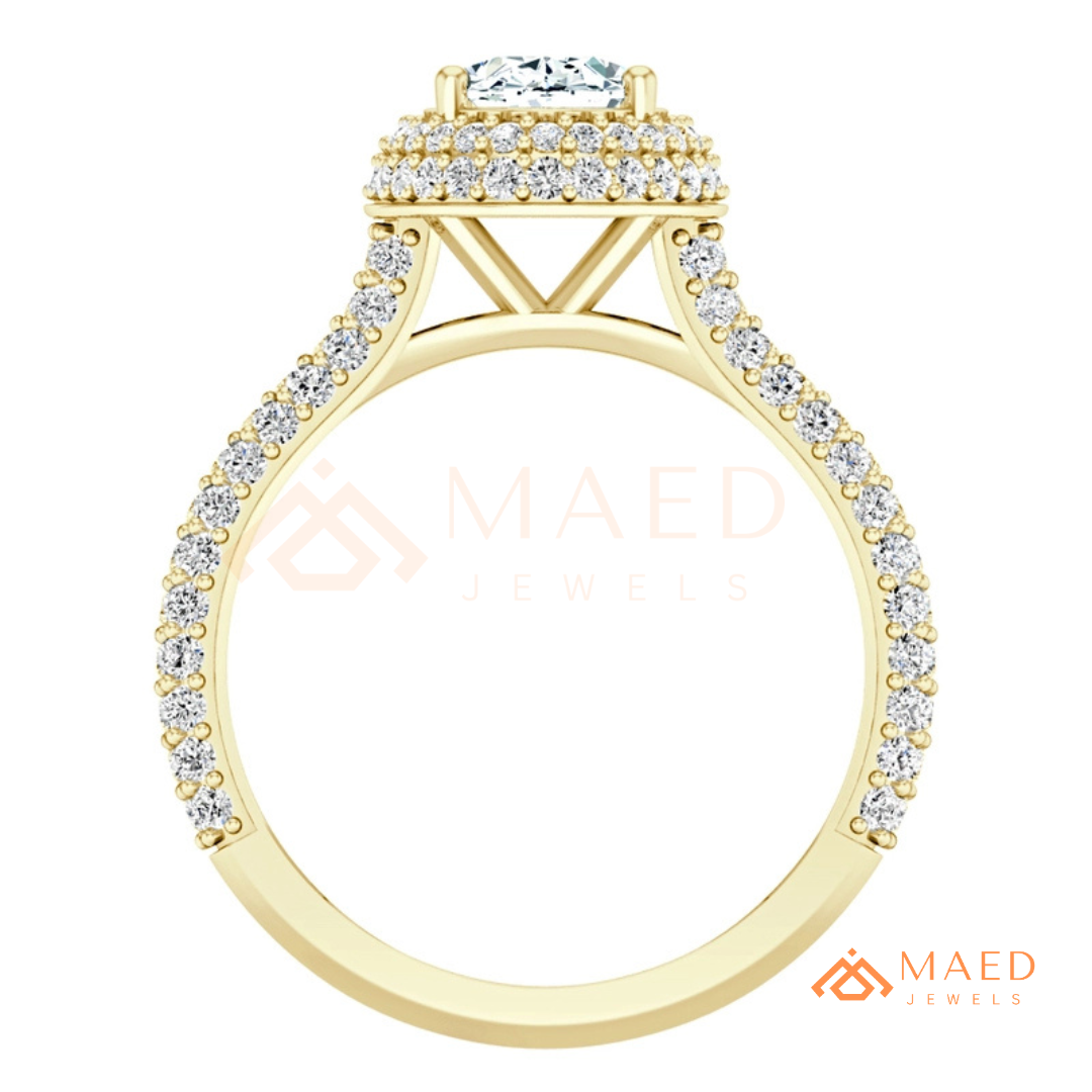 Radiant Oval Double Halo Engagement Ring with Multi-Row Pavé Band