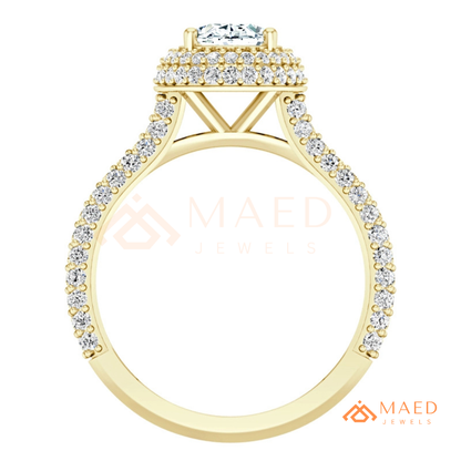 Radiant Oval Double Halo Engagement Ring with Multi-Row Pavé Band