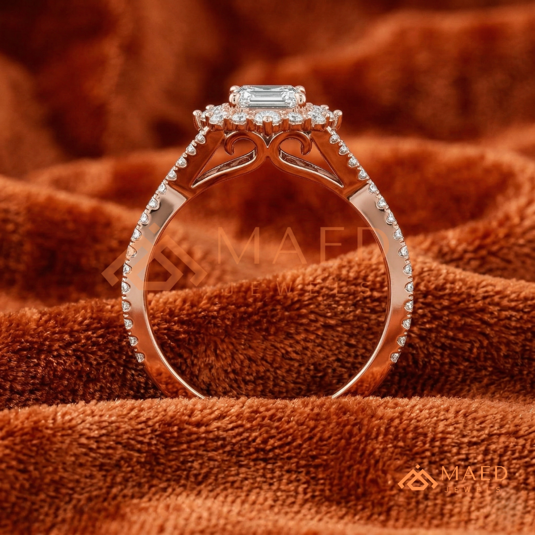 Emerald Cut Starburst Halo Engagement Ring | Split Shank Band in 14k Gold, Rose Gold & Silver