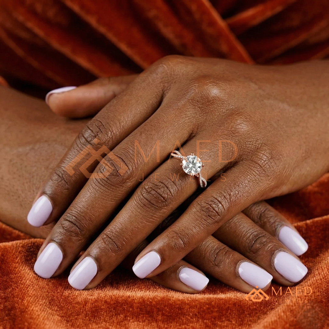 Round Cut Engagement Ring with Twisted Pavé Band in Silver, 14K Gold, & 14K Rose Gold