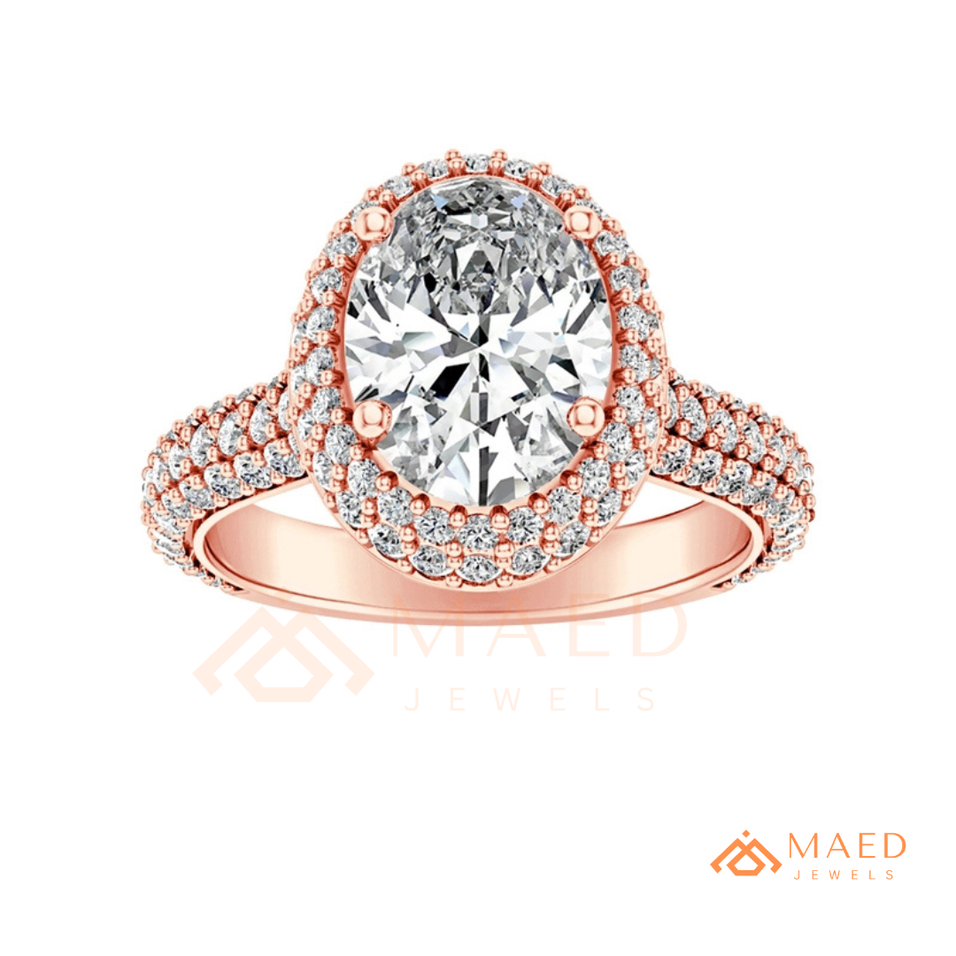 Radiant Oval Double Halo Engagement Ring with Multi-Row Pavé Band