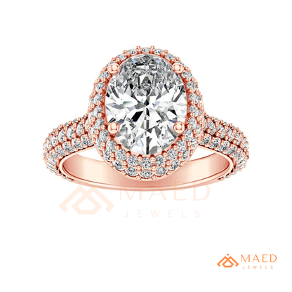 Radiant Oval Double Halo Engagement Ring with Multi-Row Pavé Band