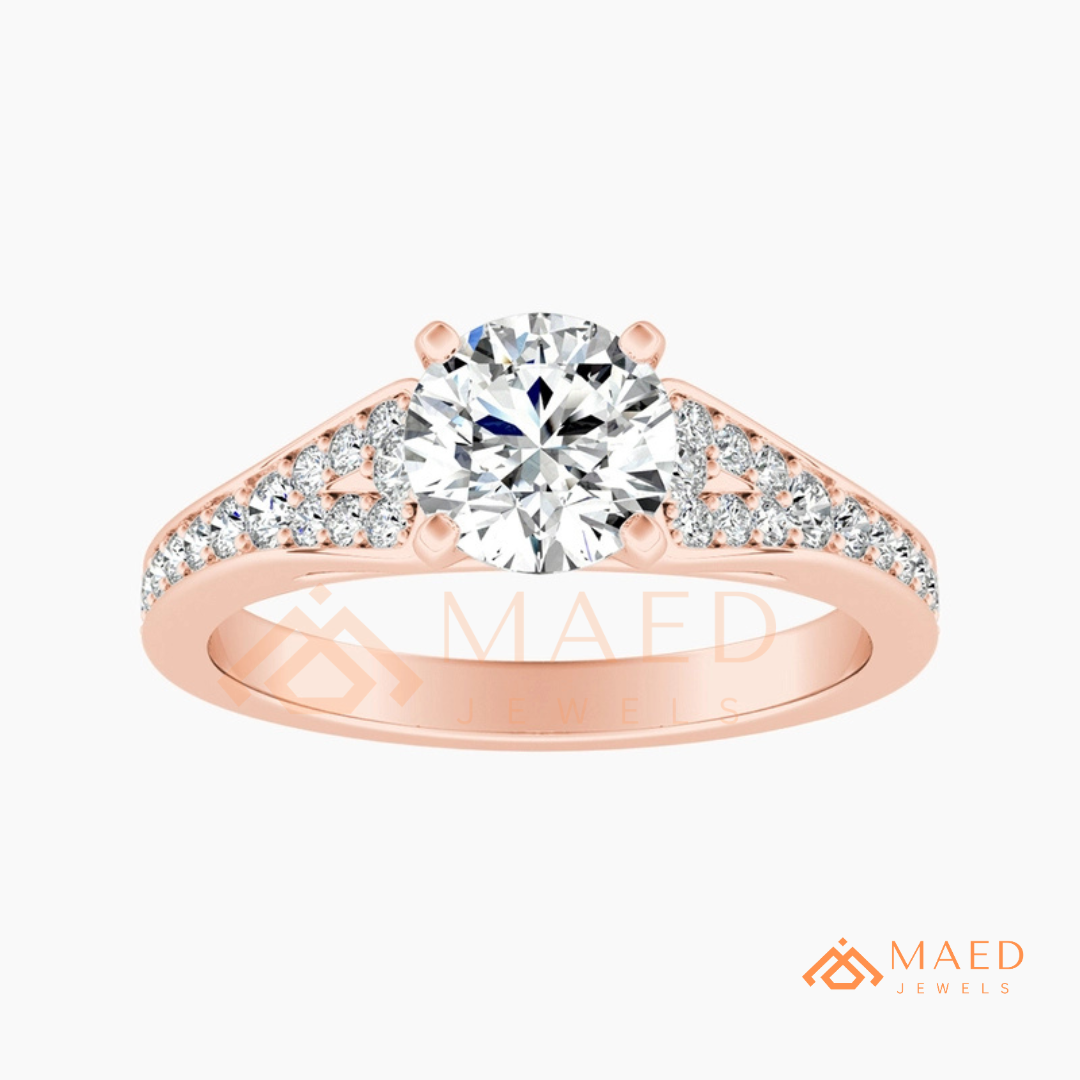 Round Cut Engagement Ring with Pavé Accents in 14K Gold, Rose Gold or Silver