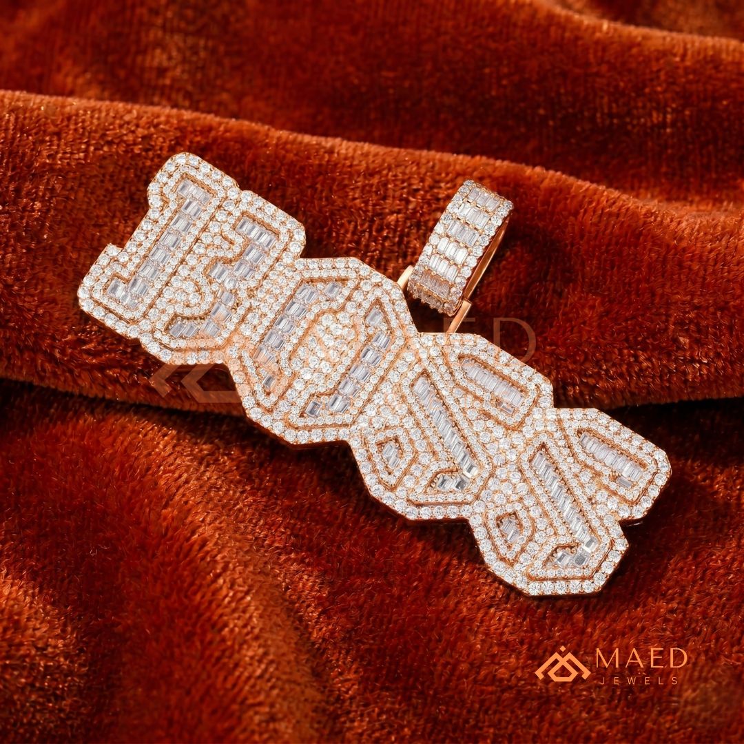 Custom Iced Out "BOSS" Letter Pendant Necklace in 14K Gold, Rose Gold & Sterling Silver