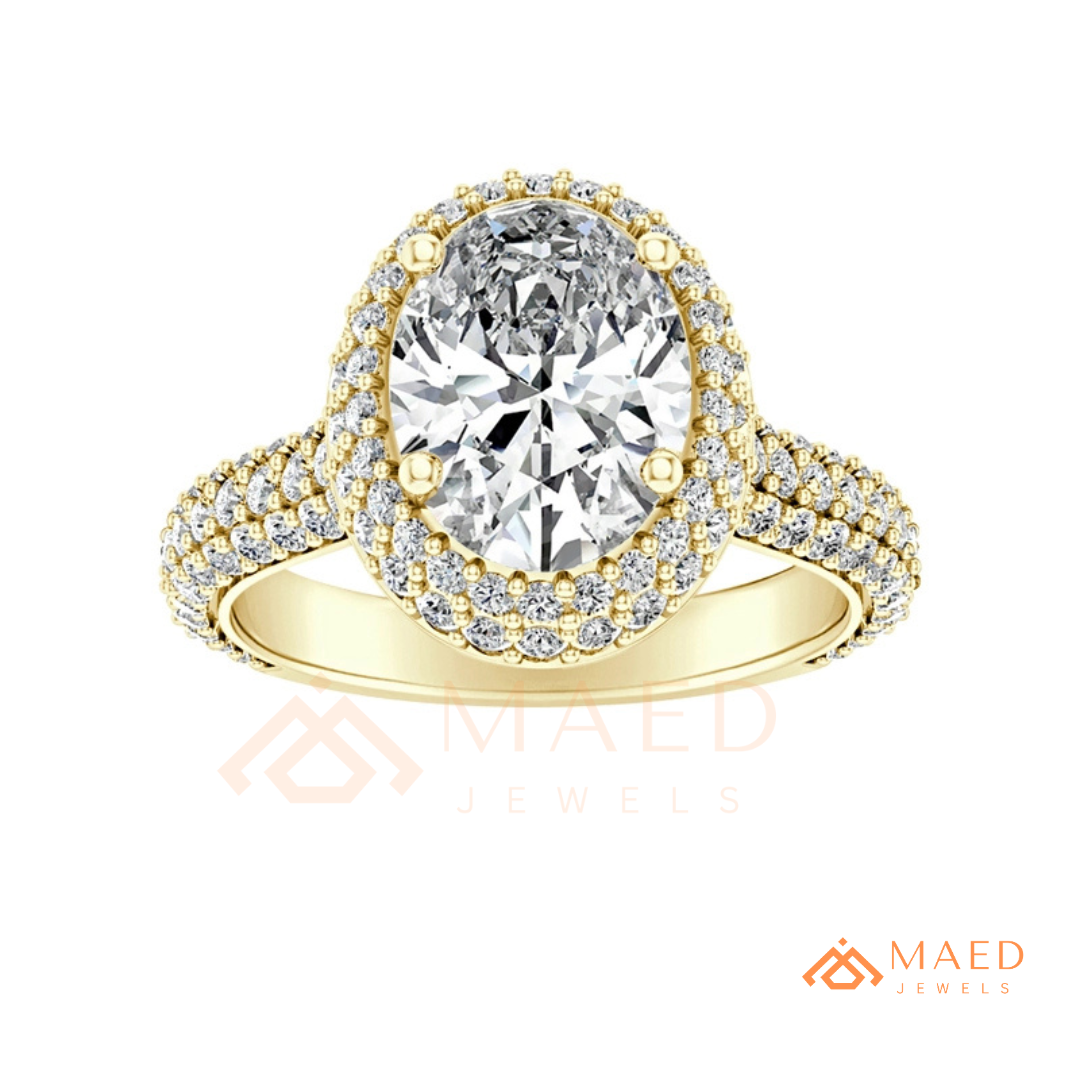 Radiant Oval Double Halo Engagement Ring with Multi-Row Pavé Band