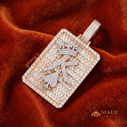 Iced Out King of Spades Dog Tag Pendant – 14K Gold, Rose Gold & Silver Baguette Custom "K" Charm