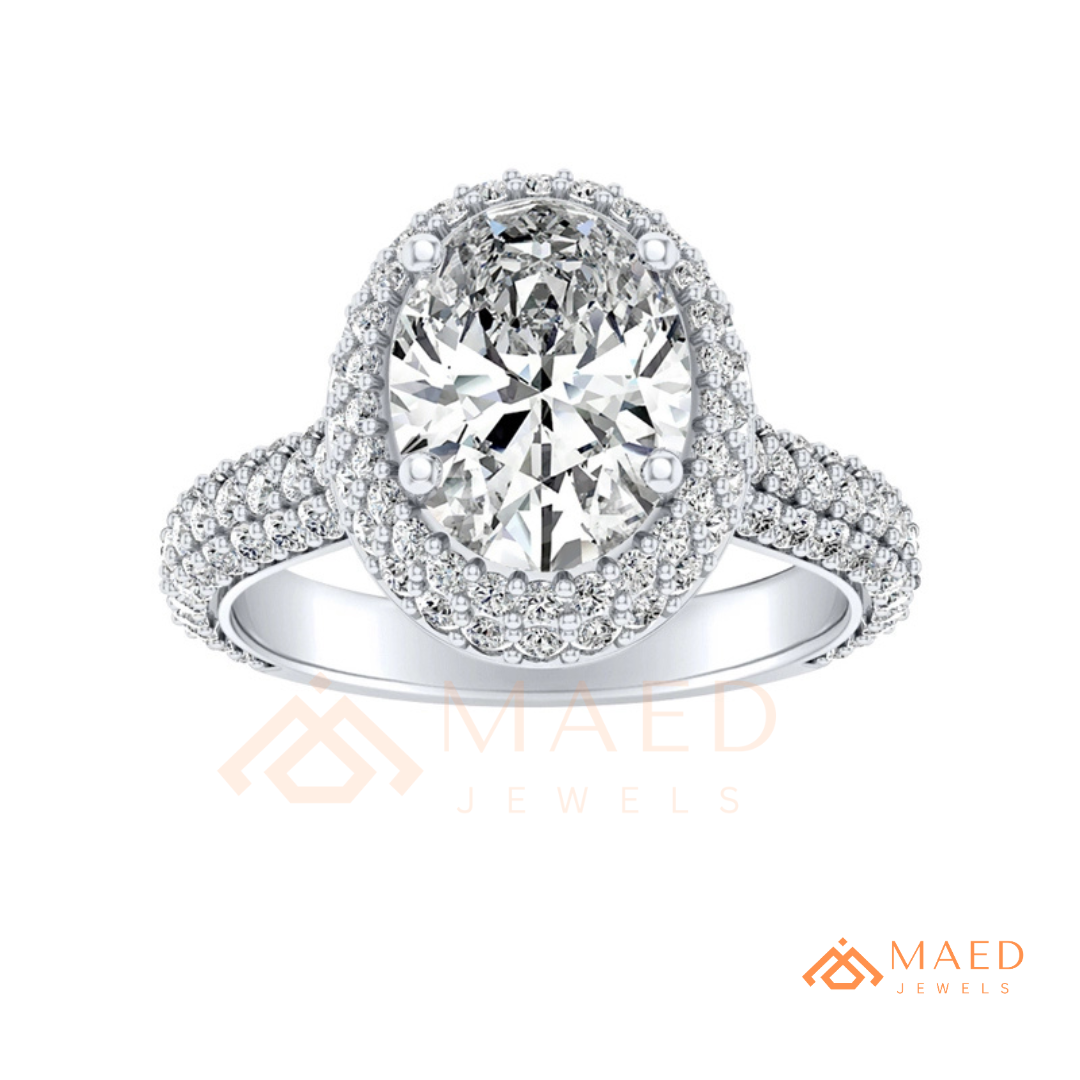 Radiant Oval Double Halo Engagement Ring with Multi-Row Pavé Band