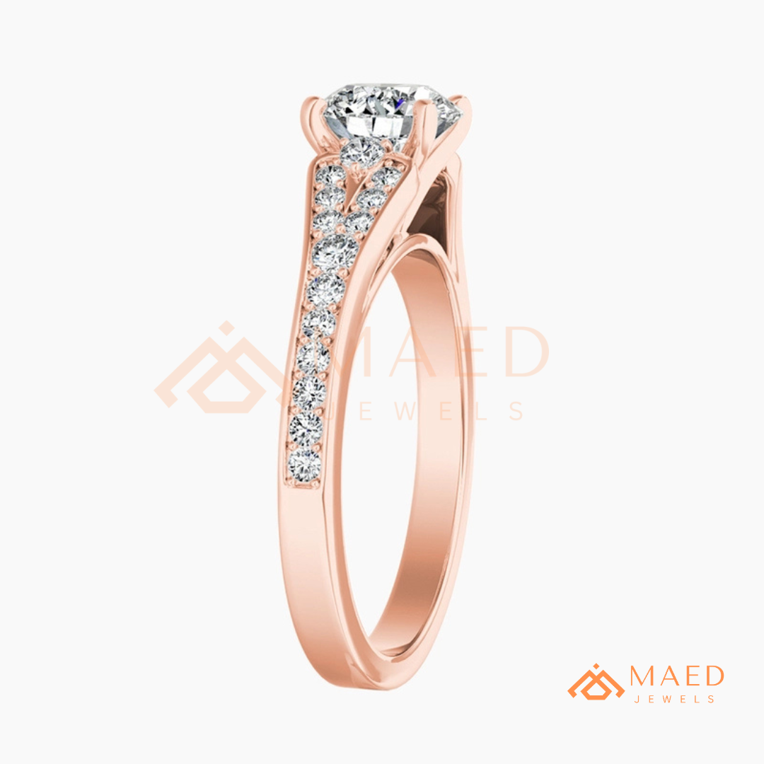 Round Cut Engagement Ring with Pavé Accents in 14K Gold, Rose Gold or Silver