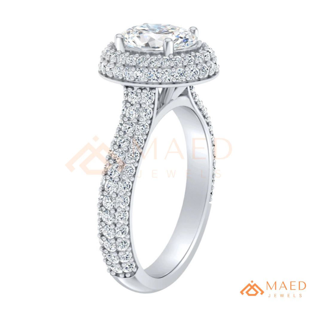Radiant Oval Double Halo Engagement Ring with Multi-Row Pavé Band