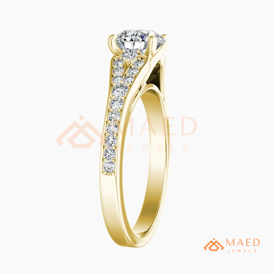 Round Cut Engagement Ring with Pavé Accents in 14K Gold, Rose Gold or Silver