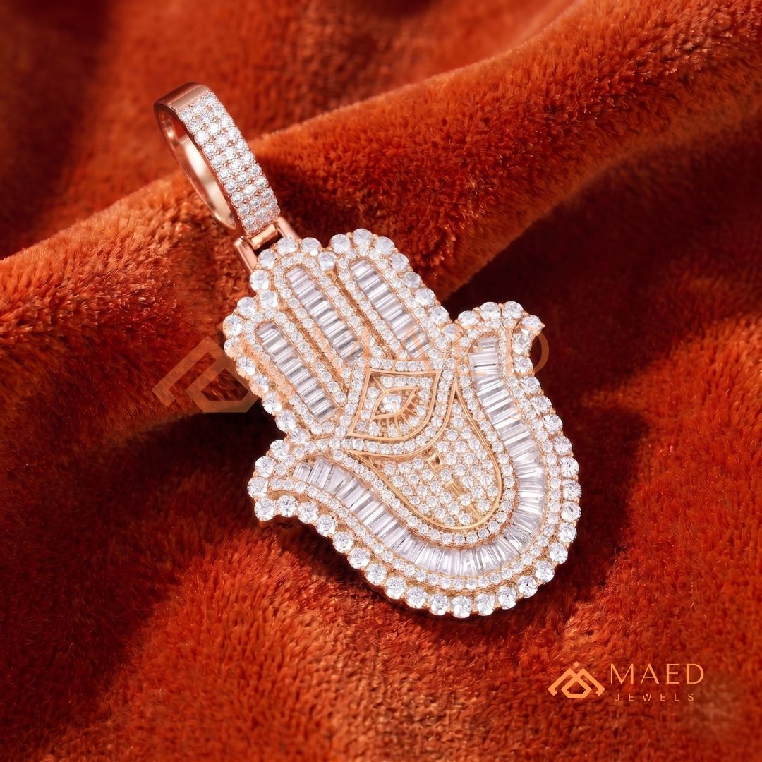 Iced-Out Hamsa Hand Pendant with Star of David & Menorah – Premium Micro-Pave Finish