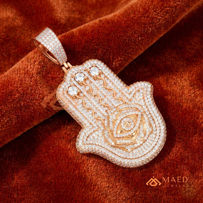 Iced Out Hamsa & Evil Eye Protective Pendant – Symbolic Statement Medallion