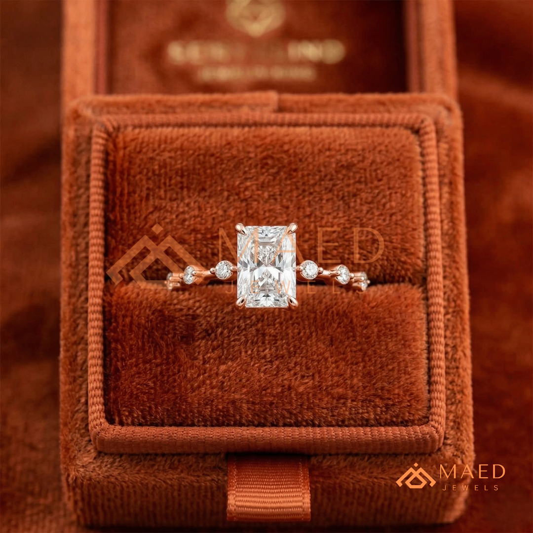 Radiant Cut Moissanite Engagement Ring in Sterling Silver, 14K Gold & Rose Gold | Art Deco Bezel-Set Accent Band