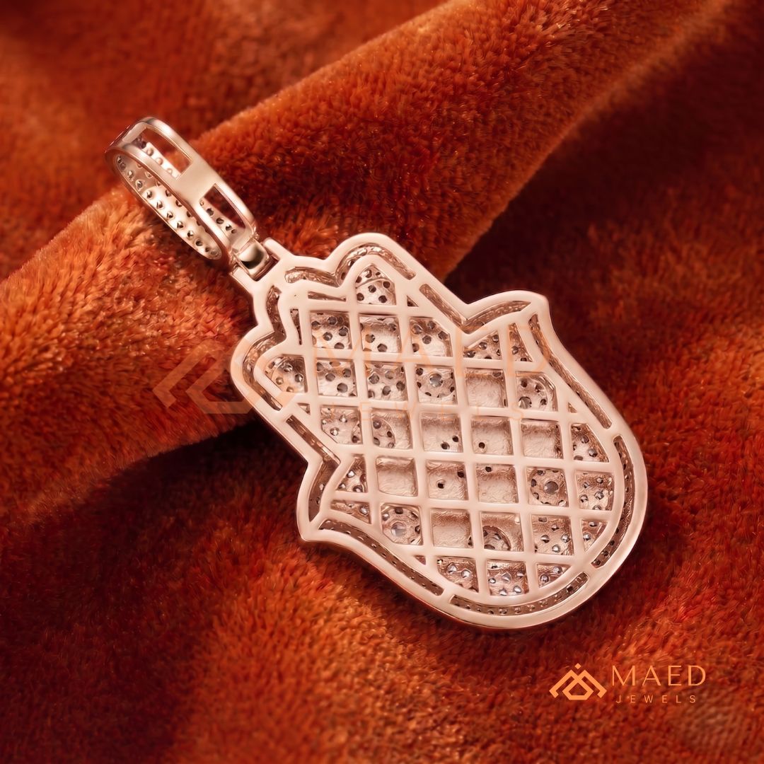 Iced Out Hamsa & Star of David Pendant with Chai Symbol - Sterling Silver, 14K Gold & Rose Gold
