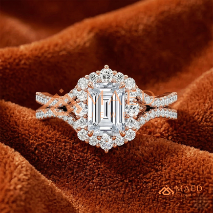 Emerald Cut Starburst Halo Engagement Ring | Split Shank Band in 14k Gold, Rose Gold & Silver