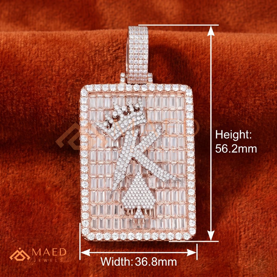 Iced Out King of Spades Dog Tag Pendant – 14K Gold, Rose Gold & Silver Baguette Custom "K" Charm
