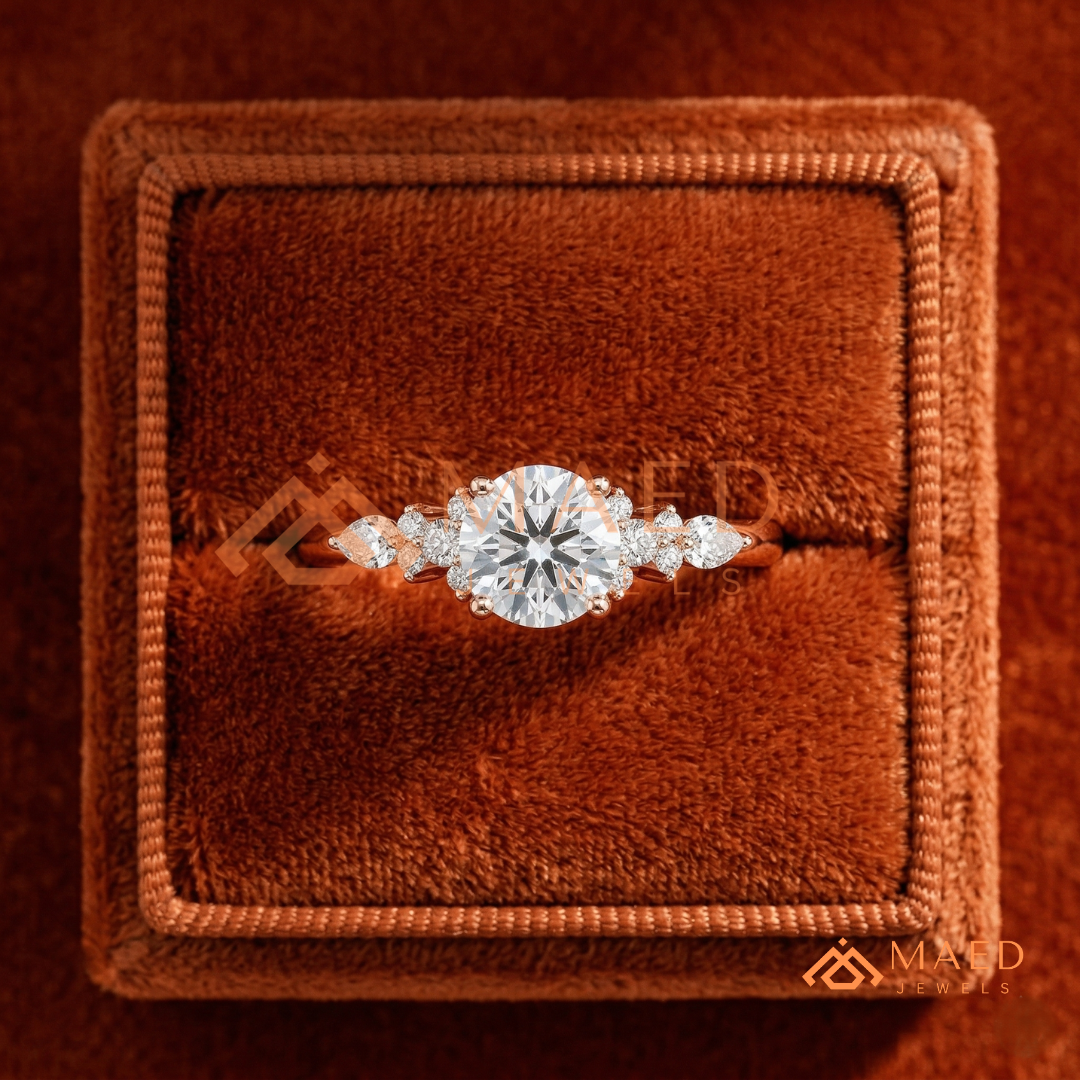 Round Cut Cluster Engagement Ring in 14K Gold, Rose Gold & Silver | Vintage Pear Accent Moissanite Ring for Women