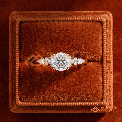 Round Cut Cluster Engagement Ring in 14K Gold, Rose Gold & Silver | Vintage Pear Accent Moissanite Ring for Women