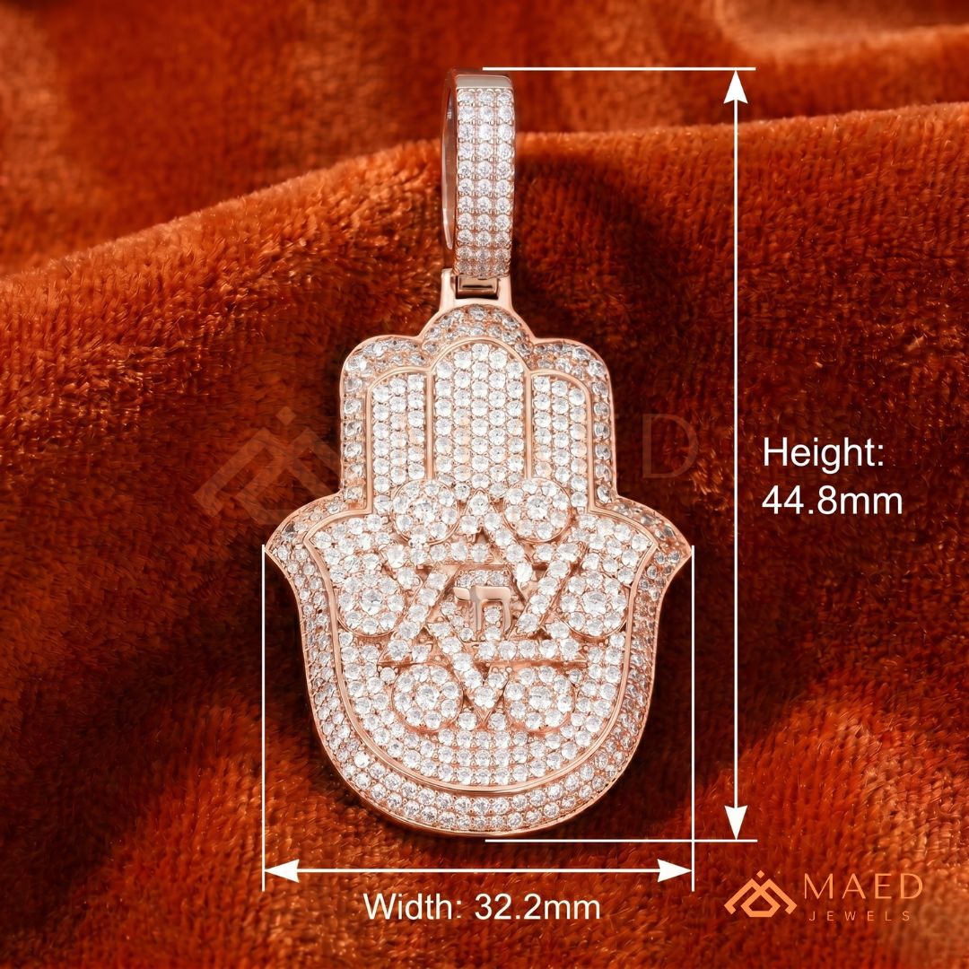 Iced Out Hamsa & Star of David Pendant with Chai Symbol - Sterling Silver, 14K Gold & Rose Gold