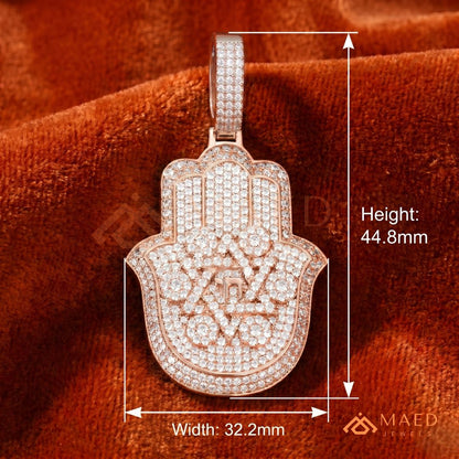 Iced Out Hamsa & Star of David Pendant with Chai Symbol - Sterling Silver, 14K Gold & Rose Gold