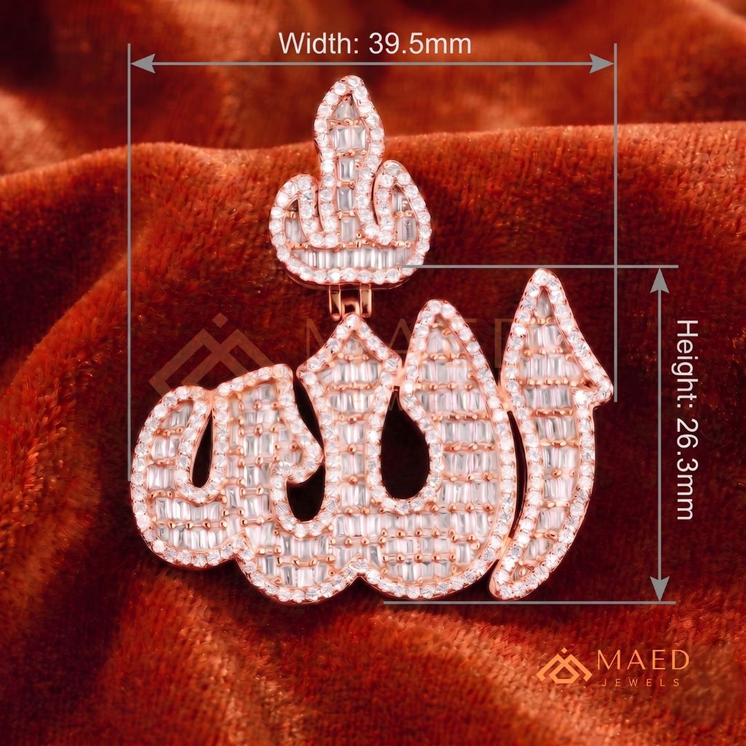 Iced Out Baguette Allah Calligraphy Pendant – 14K Gold, Rose Gold & Silver Religious Hip Hop Charm