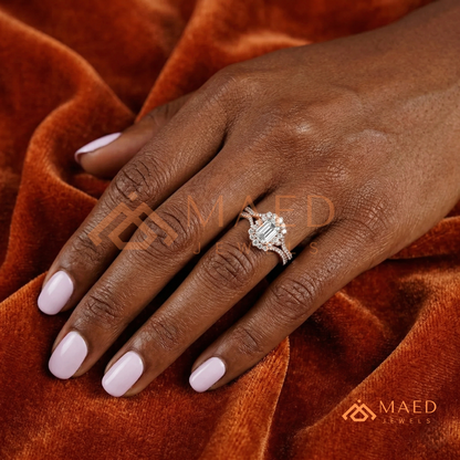Emerald Cut Starburst Halo Engagement Ring | Split Shank Band in 14k Gold, Rose Gold & Silver
