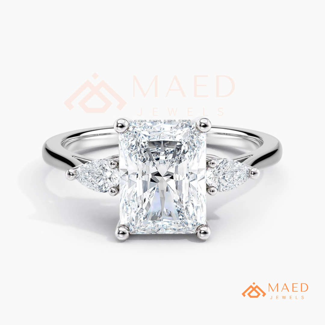 Radiant Cut Engagement Ring with Pear Side Stones | 14k Gold, Rose Gold & Silver